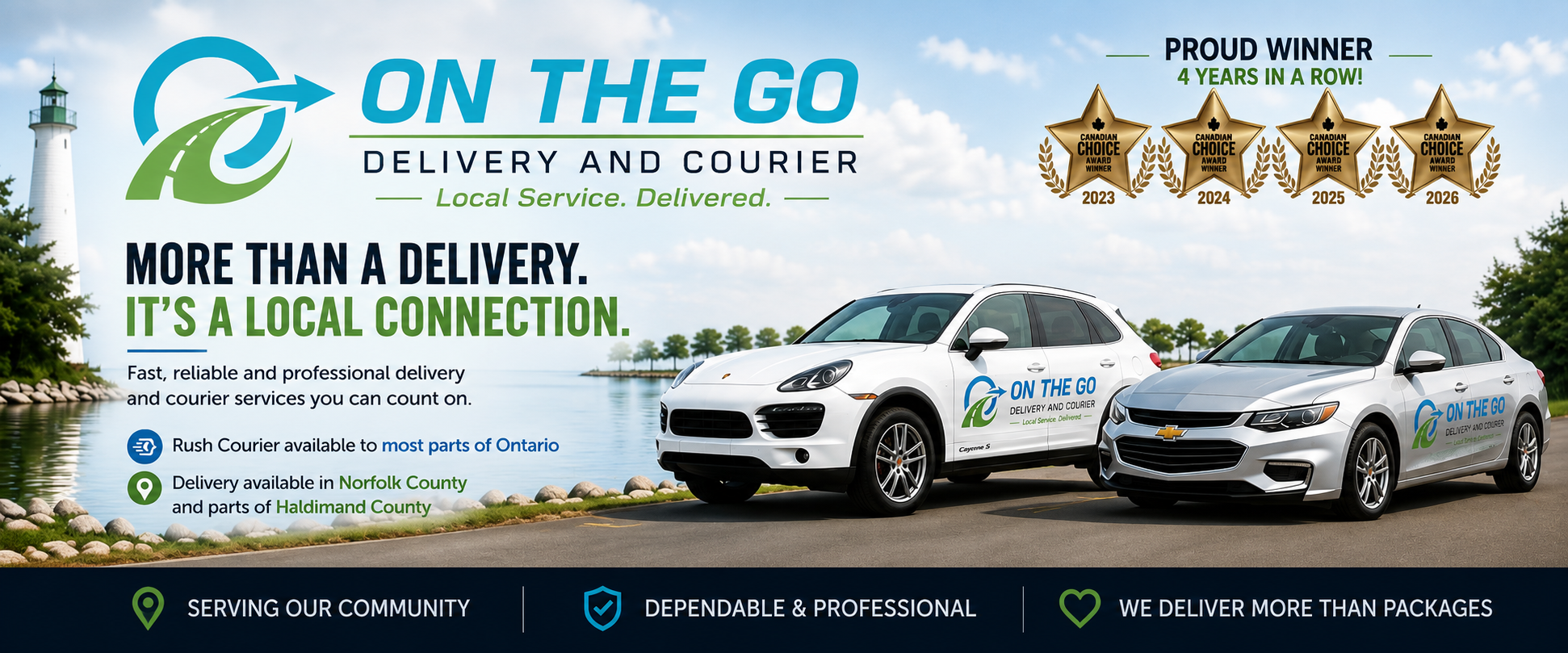 On The Go Delivery vehicles on a Norfolk County waterfront with Canadian Choice Award recognition for 2023, 2024, 2025 and 2026.